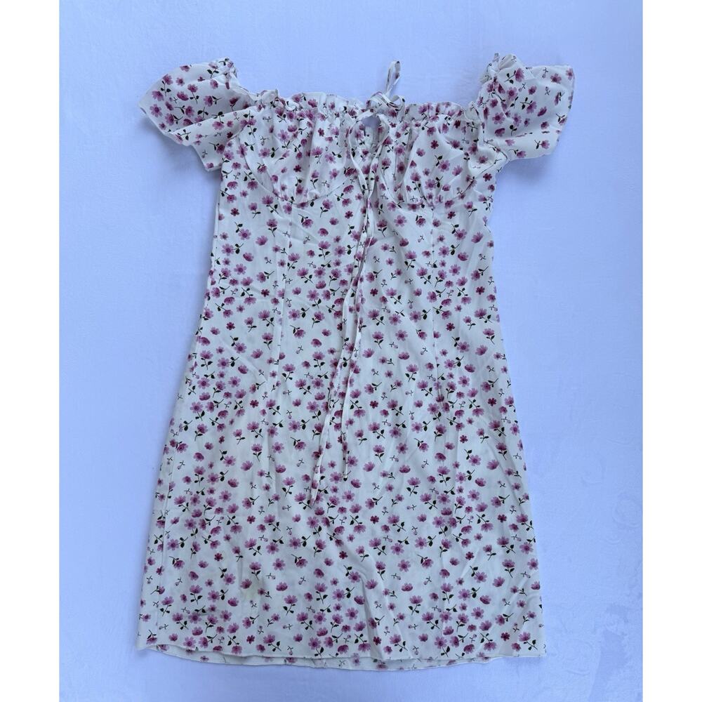 floral mini dress with an off-the-shoulder neckline and a lace-up front Medium